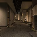 Elegant Modern Hotel Corridor With Stone Walls Textured Floor Ceiling Lighting And Green Plant