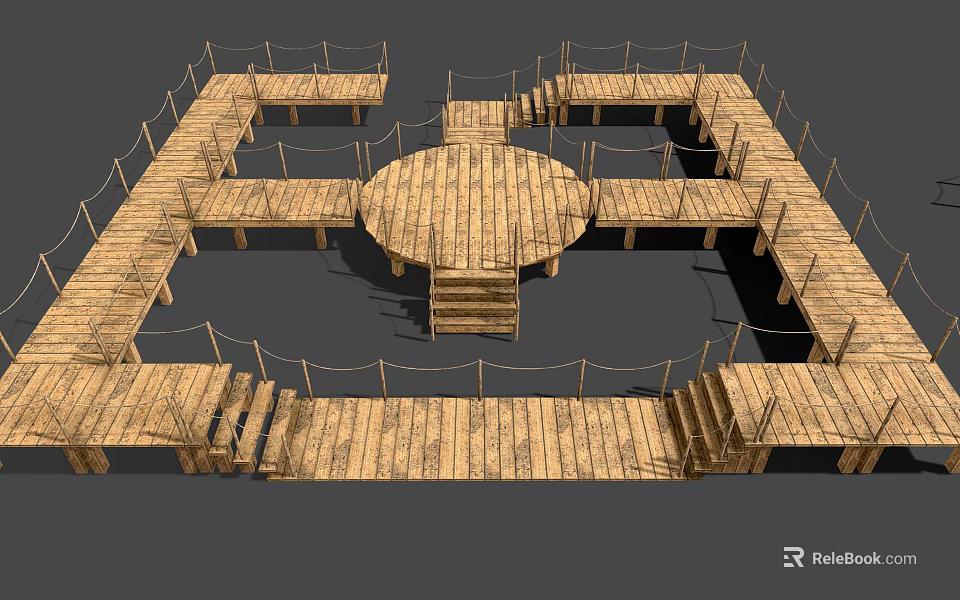 Rustic Wooden Platform Structure With Circular Central Area Connected Walkways And Rope Railings 3d model 