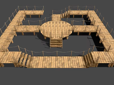 Rustic Wooden Platform Structure With Circular Central Area Connected Walkways And Rope Railings 3d model