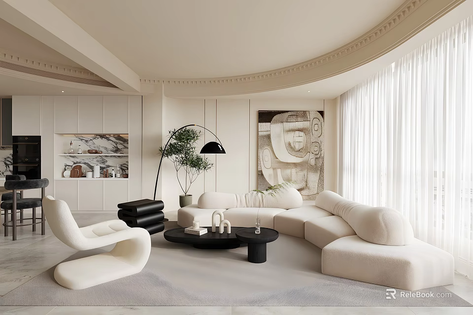 Modern Living Dining Room Interior With White Sofa Black Coffee Table And Wall Art 3d model 