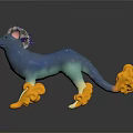 Enchanting Fantasy Game Character With Blue Star Dotted Body Purple Horned Head Yellow Flame Paws Tail