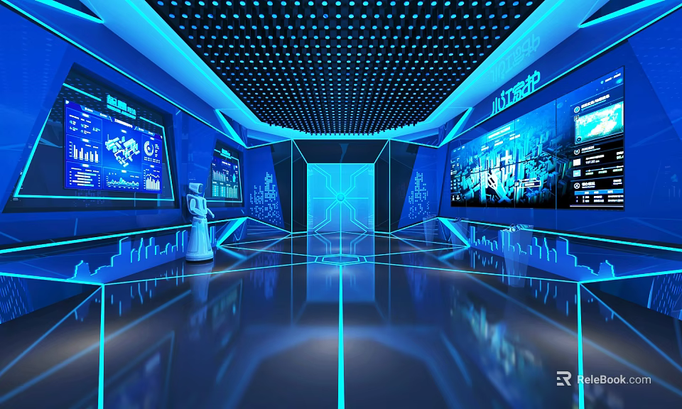 Futuristic Blue Tech Space With Illuminated Design Large Digital Screens And Reflective Floor 3d model 