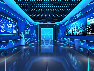 Futuristic Blue Tech Space With Illuminated Design Large Digital Screens And Reflective Floor 3d model