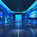 Futuristic Blue Tech Space With Illuminated Design Large Digital Screens And Reflective Floor