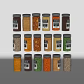 Assorted Kitchen Spice Jars With Various Spices And Black Lids For Storage 3d model
