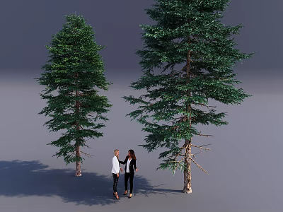 Two Tall Green Arbor Trees With Two People Standing Beside Neutral Gray Background 3d model