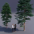 Two Tall Green Arbor Trees With Two People Standing Beside Neutral Gray Background