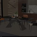 Modern Dining Table Set Black Glass Top Silver Metal Legs Orange Beige Chairs Bright Interior