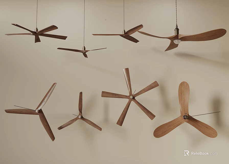 Multiple Wooden Hanging Fans With Minimalist Blades On Beige Wall 3d model 