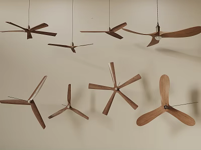 Multiple Wooden Hanging Fans With Minimalist Blades On Beige Wall 3d model