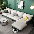 Multi Person Sofa In Cream With Green Accents And Decorative Cushions Against Green Wall