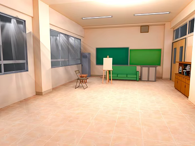 Cartoon Classroom Scene with Green Blackboards White Easel Wooden Chair Green Sofa and Large Windows 3d model