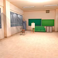 Cartoon Classroom Scene with Green Blackboards White Easel Wooden Chair Green Sofa and Large Windows