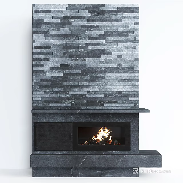 Modern Fireplace Design With Gray Stone Tile Wall And Burning Fire 3d model