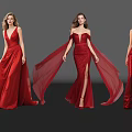 Three Women Wearing Red Evening Gowns With Flowing Trains And Elegant Designs