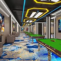 Modern Billiard Room Interior With Green Pool Tables And Blue Gold Patterned Carpet