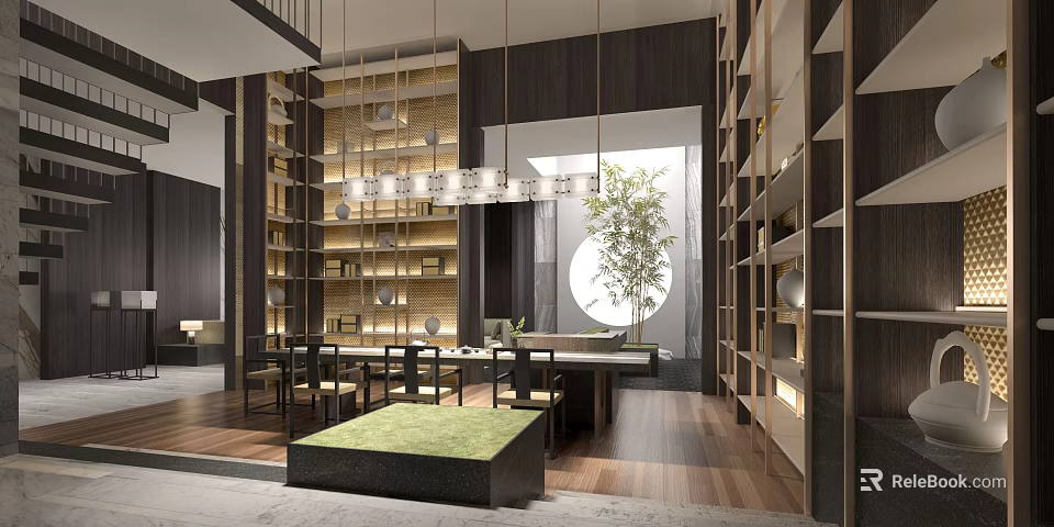 Modern Basement Interior Design With Built in Bookshelves Dining Table And Green Plant 3d model 