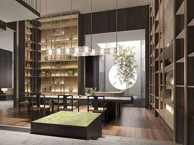 Modern Basement Interior Design With Built in Bookshelves Dining Table And Green Plant 3d model