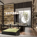 Modern Basement Interior Design With Built in Bookshelves Dining Table And Green Plant
