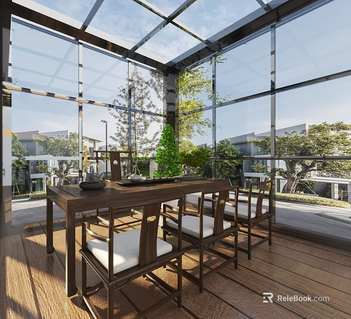 Villa Balcony with Glass Enclosure Wooden Flooring and Dining Table Chairs Overlooking Green Trees 3d model 