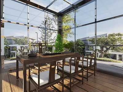 Villa Balcony with Glass Enclosure Wooden Flooring and Dining Table Chairs Overlooking Green Trees 3d model