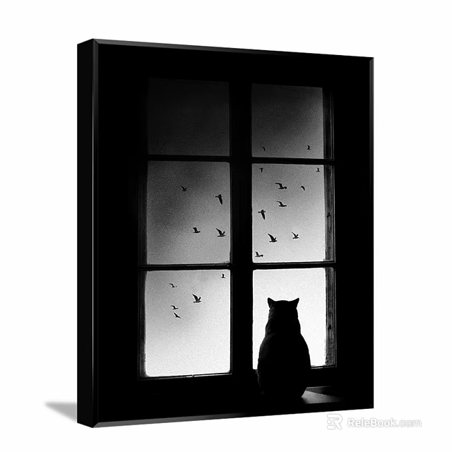 Black and White Animal Painting of Cat Silhouette by Window With Flying Birds 3d model 