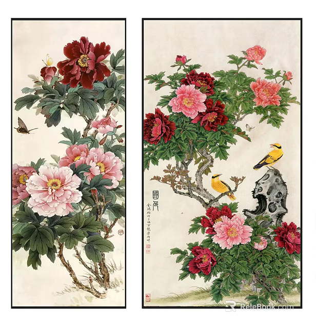 Traditional Chinese Botanical Painting With Red Pink Peonies Birds And Green Leaves 3d model 