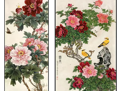 Traditional Chinese Botanical Painting With Red Pink Peonies Birds And Green Leaves 3d model