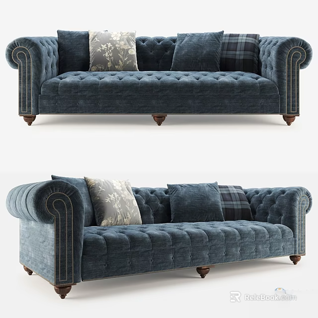Navy Blue Tufted Two Seater Sofa With Rolled Arms And Wooden Legs 3d model 