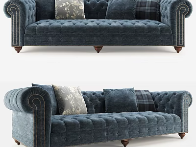 Navy Blue Tufted Two Seater Sofa With Rolled Arms And Wooden Legs 3d model