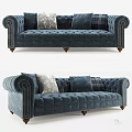 Navy Blue Tufted Two Seater Sofa With Rolled Arms And Wooden Legs