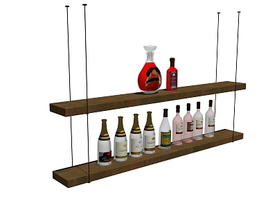 Two Tier Hanging Wooden Wine Rack With Different Wine Bottles Displayed 3d model