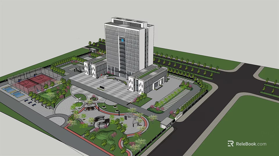 Modern Office Building Exterior Design With Plaza Landscaping And Parking Area 3d model 