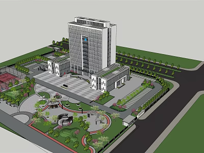 Modern Office Building Exterior Design With Plaza Landscaping And Parking Area 3d model