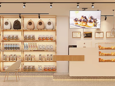 Modern Bakery Shop Interior With Pastry Shelves And Display Screen 3d model