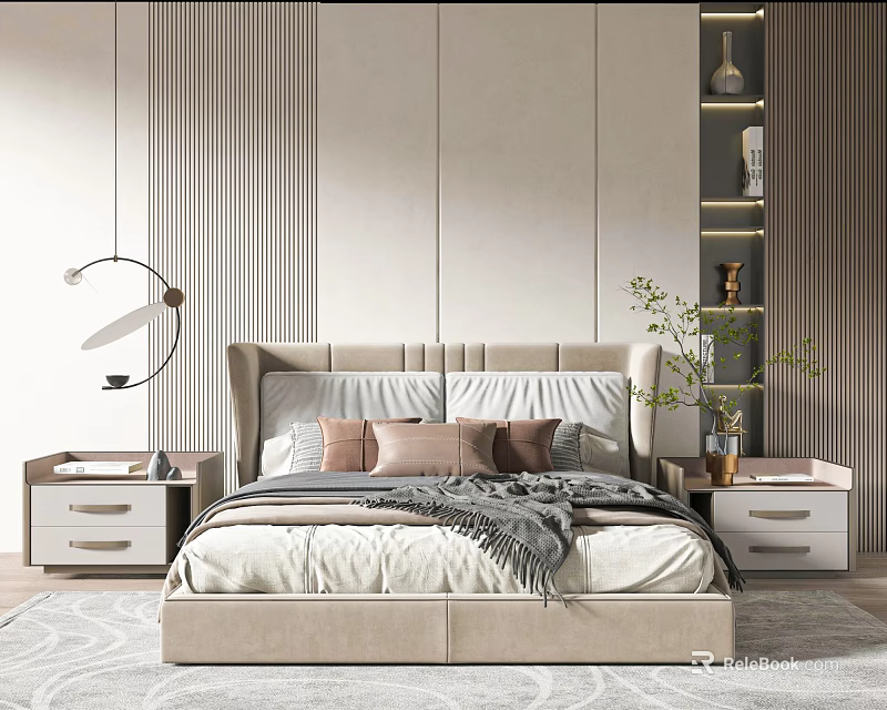 Elegant Modern Bedroom Interior With Soft Bed Pillows Nightstands And Decorative Shelf 3d model 