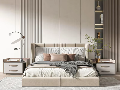 Elegant Modern Bedroom Interior With Soft Bed Pillows Nightstands And Decorative Shelf 3d model