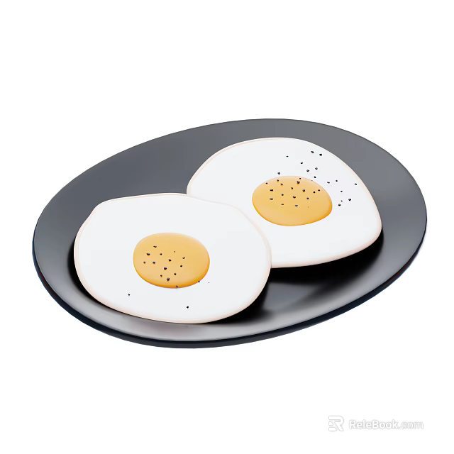 Two Fresh Fried Eggs Seasoned with Black Pepper Served on Black Plate 3d model 
