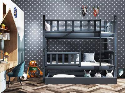 Kids Room Bunk Bed With Gray Polka Dot Wall Striped Floor And Stuffed Toys 3d model