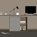 Modern Wooden Desk with White Drawers Black Desk Lamp Computer Monitor Green Plant and Books