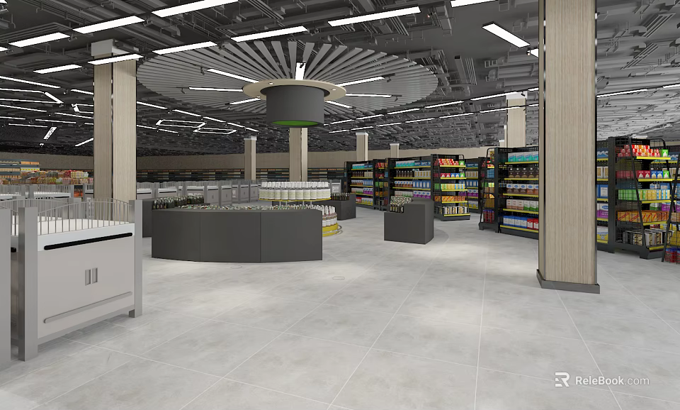 Modern Supermarket Interior With Spacious Layout Shelves And Various Products 3d model 