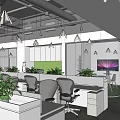 Modern Public Office Space With White Desks Black Chairs Green Plants And Glass Partitions