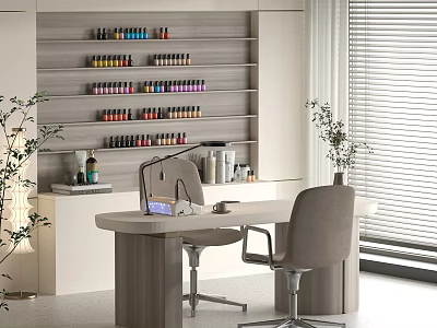 Modern Nail Salon Interior Design With Shelves With Colorful Nail Polish Worktable And Comfortable Chairs 3d model