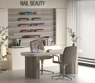 Modern Nail Salon Interior Design With Shelves With Colorful Nail Polish Worktable And Comfortable Chairs 3d model