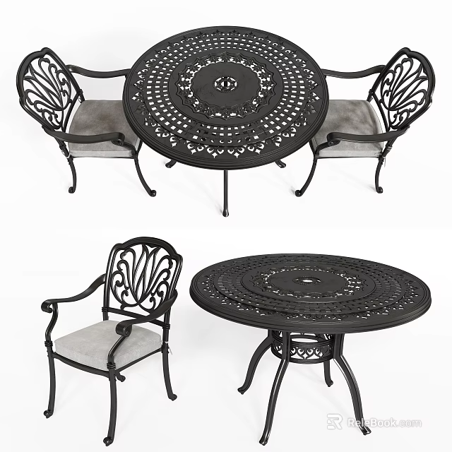 Outdoor Table with Ornate Metal Design and Matching Chairs Gray Cushions 3d model 