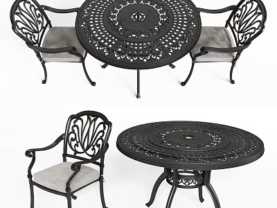 Outdoor Table with Ornate Metal Design and Matching Chairs Gray Cushions 3d model
