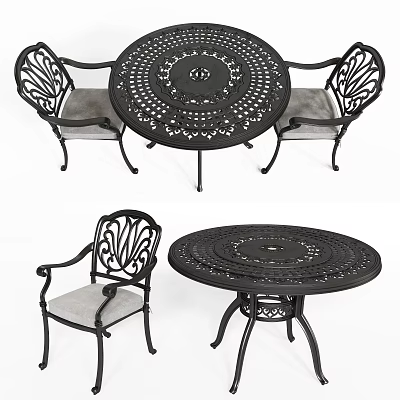 Outdoor Table with Ornate Metal Design and Matching Chairs Gray Cushions 3d model