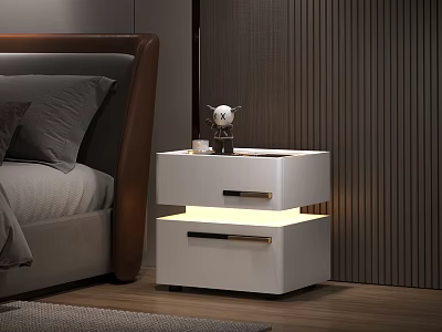 Modern White Bedside Table In Bedroom With Drawers And Built in Lighting Next To Bed 3d model