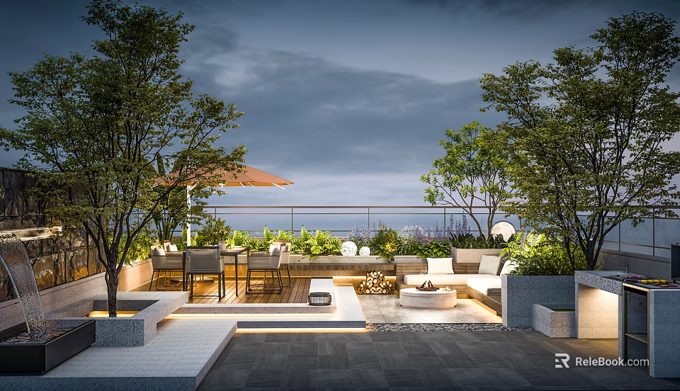 Rooftop Garden Design With Lush Trees Outdoor Seating And City View Lighting 3d model 