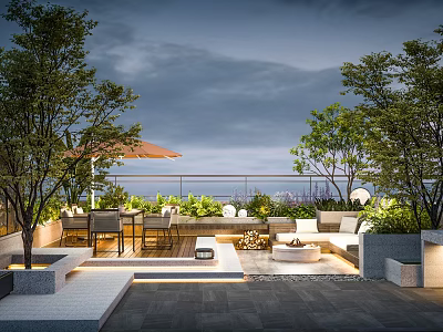 Rooftop Garden Design With Lush Trees Outdoor Seating And City View Lighting 3d model